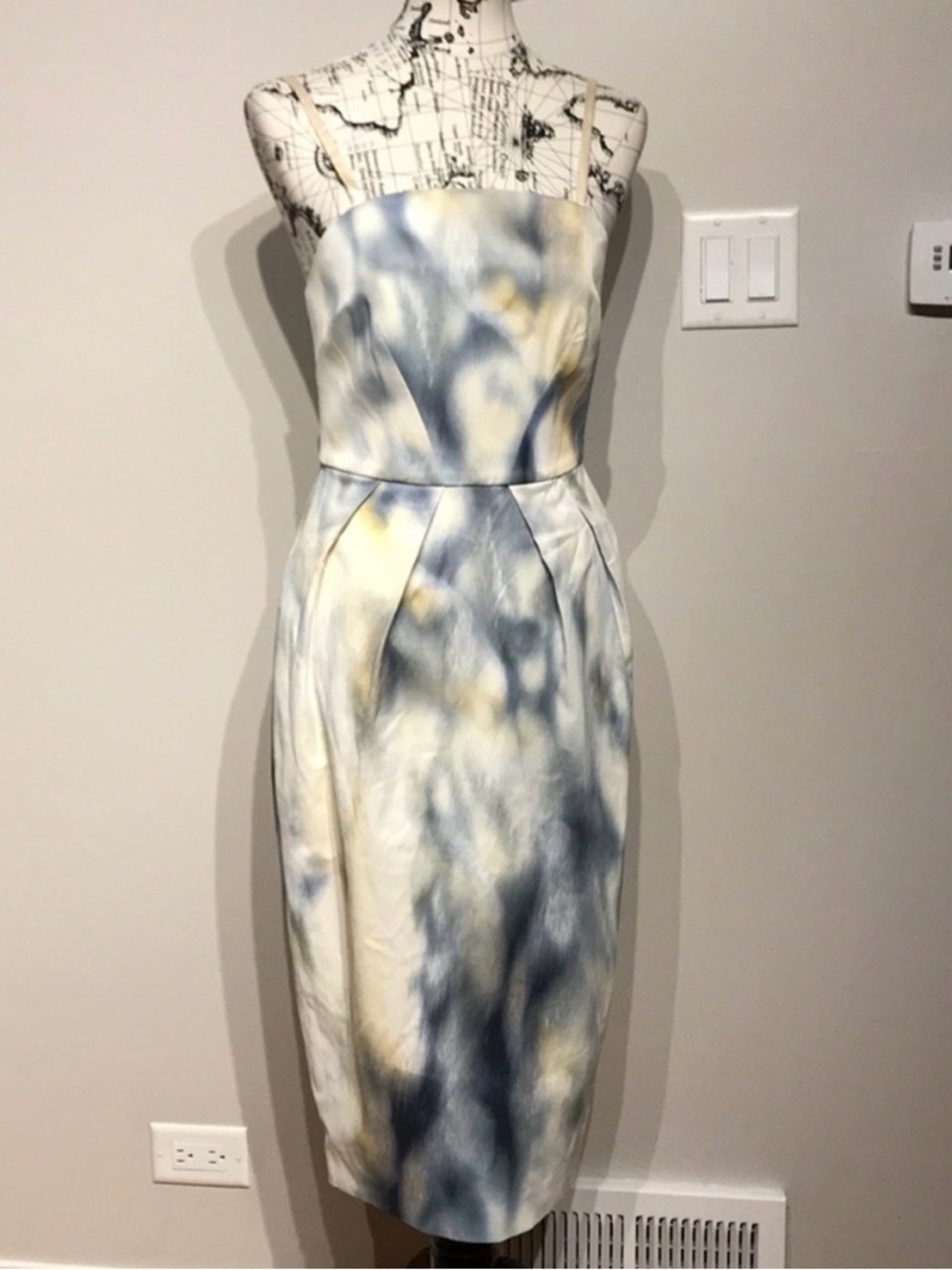NWT Ted Baker Watercolor Tie-Dye Midi Dress Blue|Cream fleurette bustier pencil